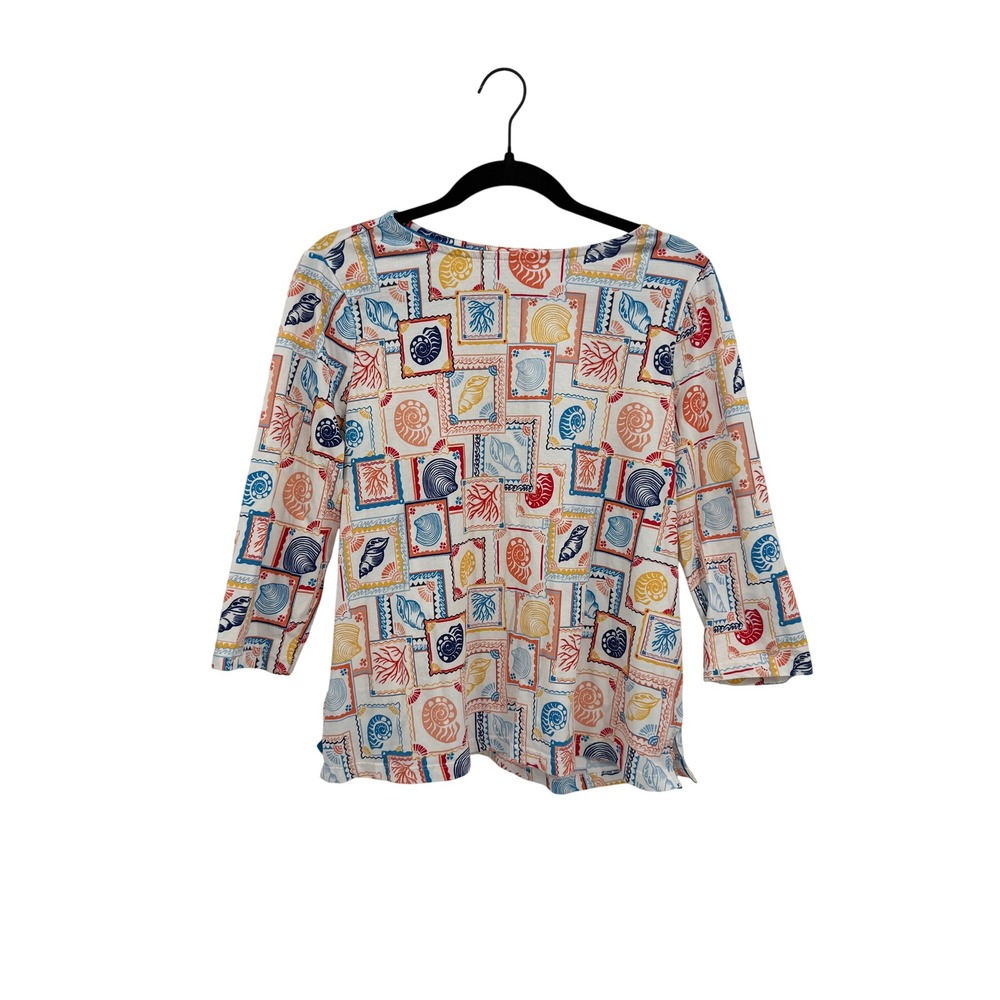 Appleseed's Top Women PL Multi Color Seashell Stamp Nautical 3/4 Sleeve Knit